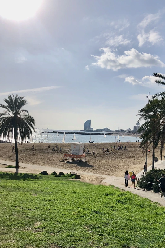 A photo of the Hotel W with Barcelona beach in the foreground, some palm trees and boats sailing. Copyright ©️ D.Steer 2024.