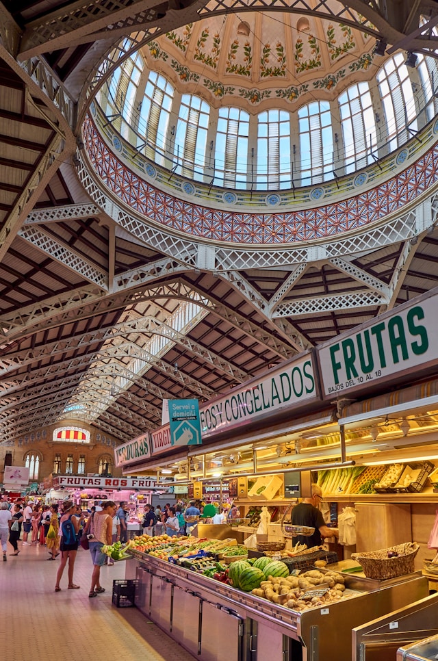 A photo of foodstalls in the famous Boqueria Market in Barcelona, just off the Rambla.